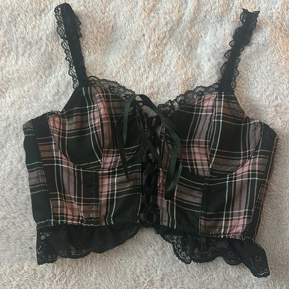 Dolls Kill Plaid Lace-Up Corset Top